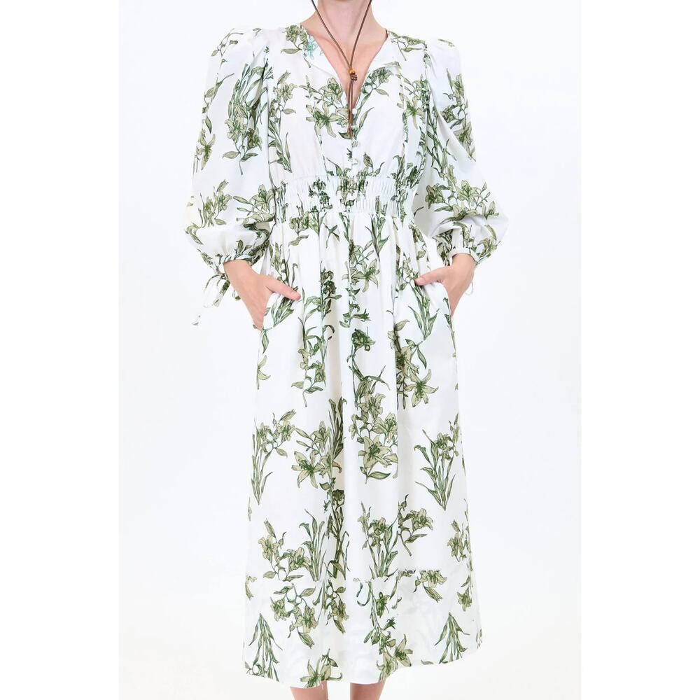 HUNTER BELL Green And White Botanical Dress Size L - Picture 2 of 6